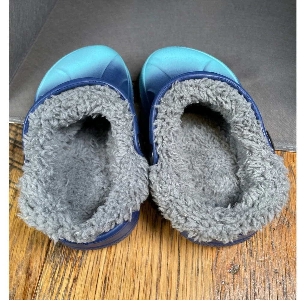 Zoogs Kids Fleece Lined Clogs Blue Teal Ombre Faux Fur Slip On Shoe Strap size 8
